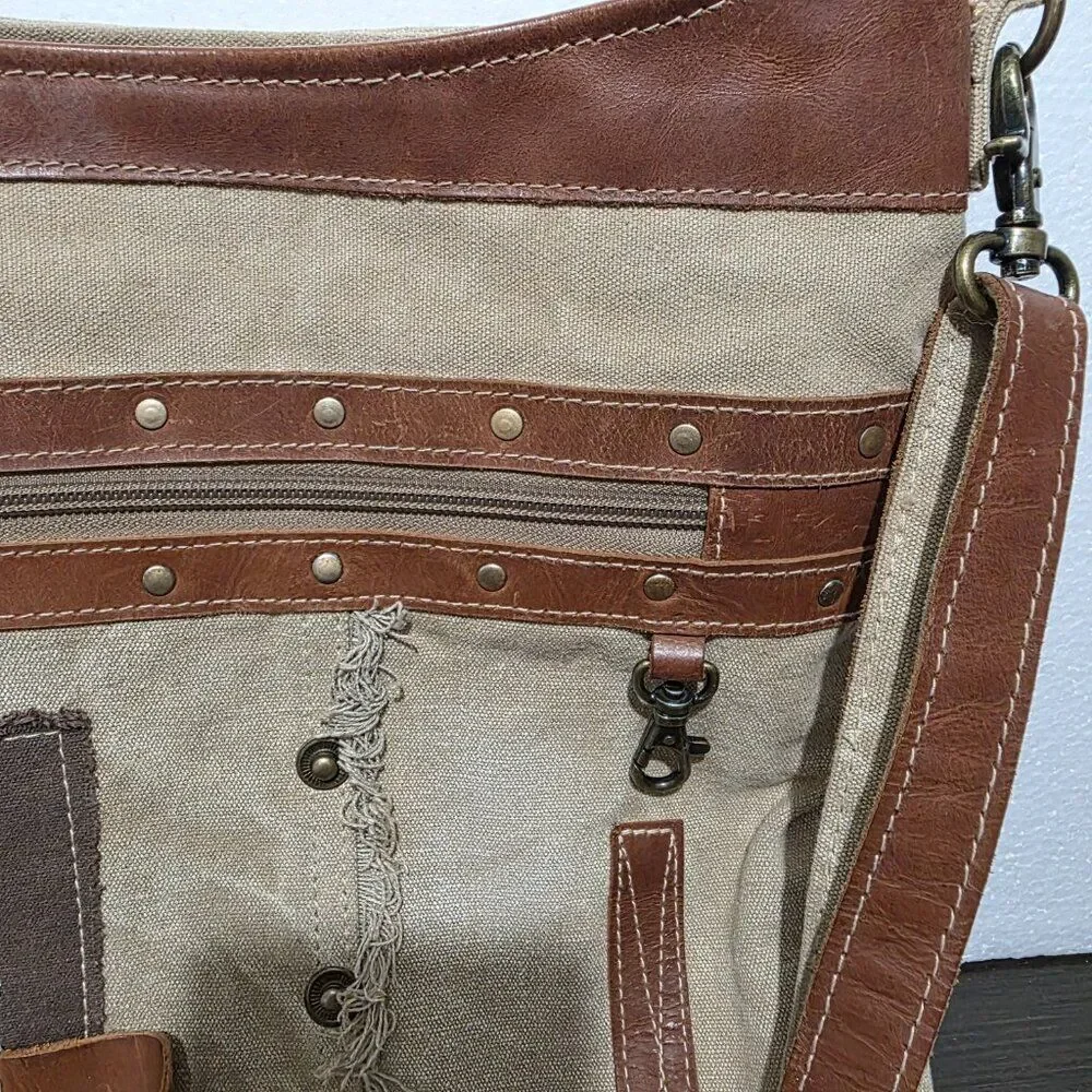Myra Country Charm Upcycled Canvas & Leather Beige Brown Shoulder Crossbody Bag - Picture 2 of 12